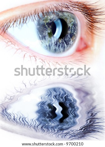 blue eye in macro with earth map on iris and water reflection ,extreme detail