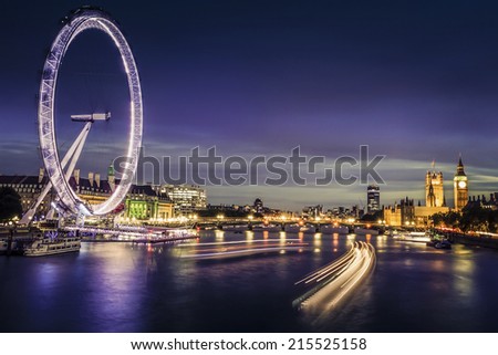 London at twilight. London eye, County Hall, Westminster Bridge, Big Ben and Houses of Parliament.