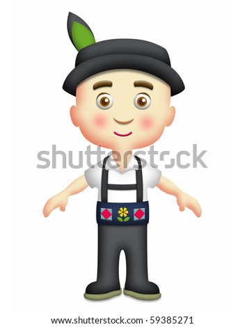 Swiss boy wearing traditional costume with hat. - stock photo