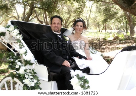 Bride and groom ride away in horse carriage