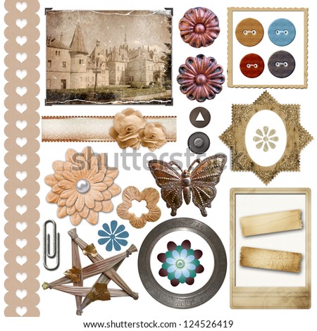 A set of vintage scrap elements -  frames, buttons, flowers isolated