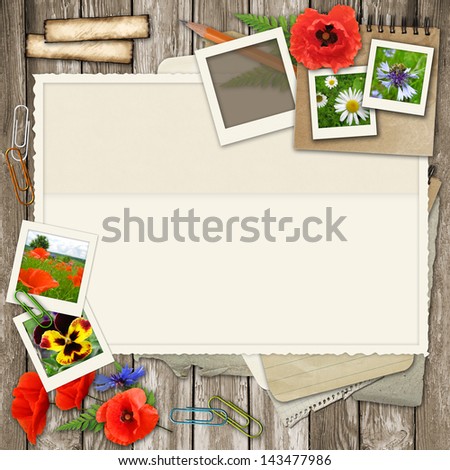 collage  with photo frame, flower, old paper on wood background