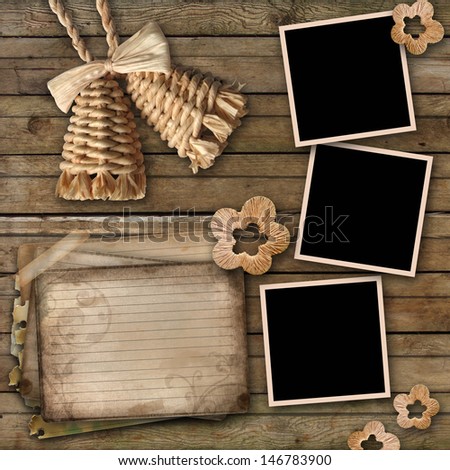 Blank Instant Photo Frames, Old Paper And Bell On Old Wooden Background