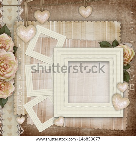 Vintage love card with  hearts and pink roses