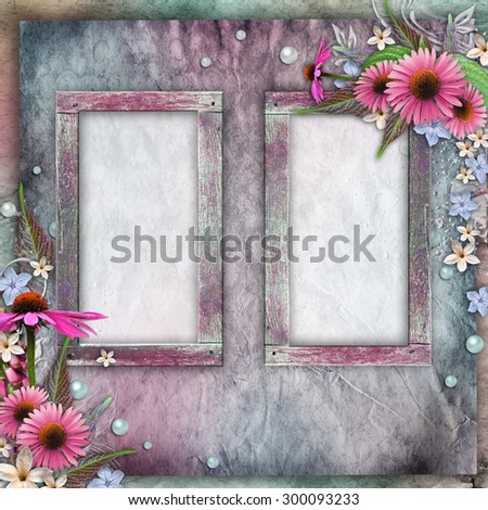 Vintage background with wooden frames for photos, flowers, pearls