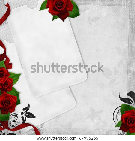 stock photo Romantic vintage wedding card on white background with red