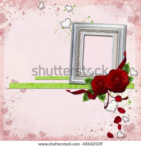 stock photo Wedding silver frame hearts and roses on abstract background