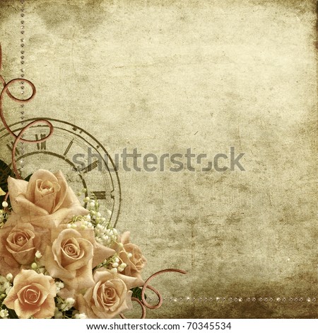 stock photo Wedding vintage romantic background with roses and clock