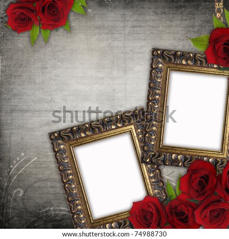 stock photo Bronzed vintage frames on old grunge background with red roses