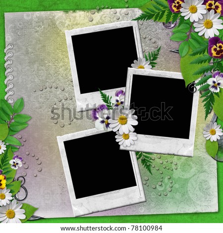 Frame for two photos with colorful summer flowers and leaves