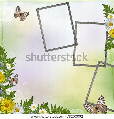 Summer background with frames, colorful flowers and leaves