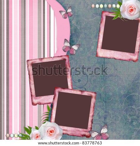 Beautiful album page in scrapbook style  with  paper frames for photo, butterfly, rose (1 of set)