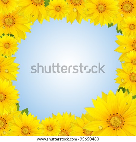 Flowers frame with yellow sunflower isolated on  sky  background