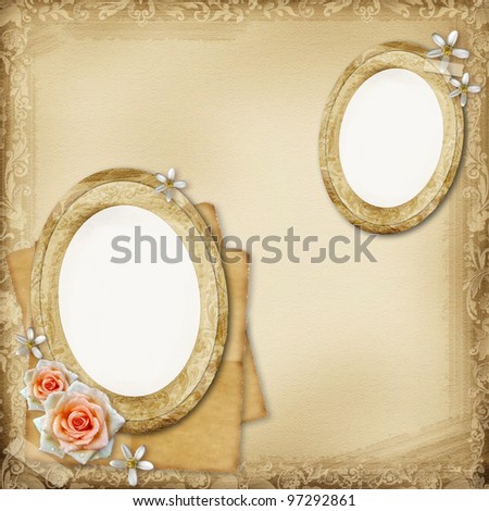 ancient photo album page background with  oval frames and roses