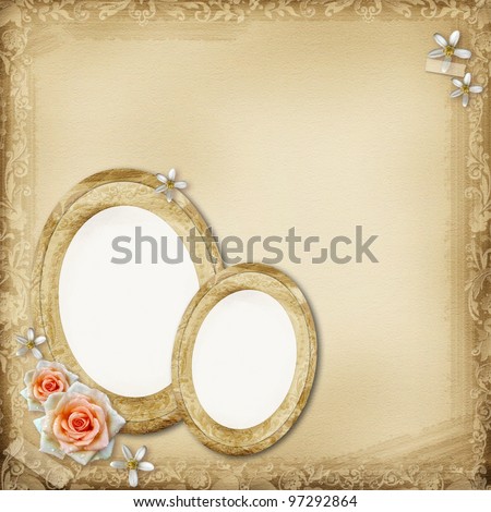 ancient photo album page background with  oval frames and roses