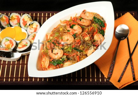 Japchae, Korean cuisine with shrimps