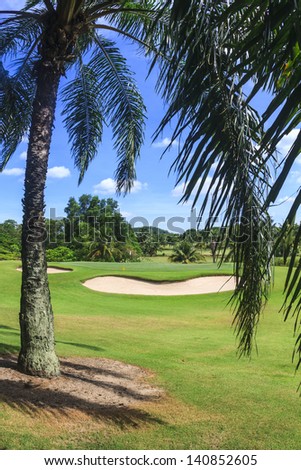 Scenic Green and bunker at 8th hole on Green Valley/St. Andrews golf course near Pattaya, Thailand