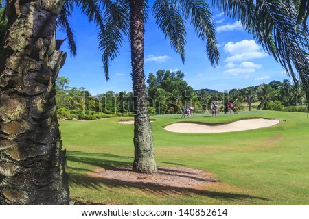 Scenic Green and bunker at 8th hole on Green Valley/St. Andrews golf course near Pattaya, Thailand