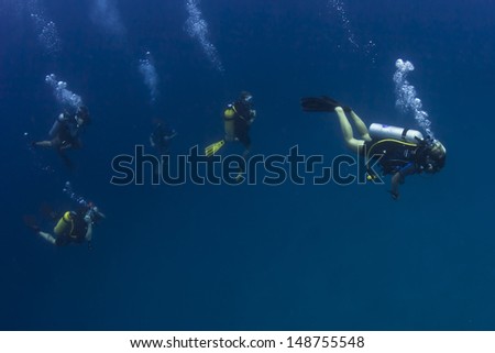 KHAO LAK, THAILAND - OCTOBER 26: Scuba dive guide leading a group of divers in Similan Islands on October 26, 2009 . Similan Islands are Thailand\'s premier dive destination.