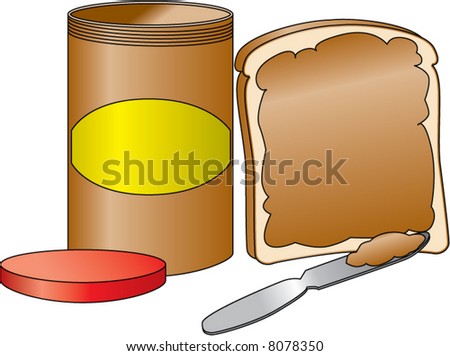 stock vector : Bread with spread peanut butter along side a peanut butter 