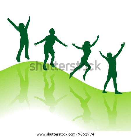 Happy jumping springtime people vector background