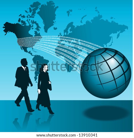 An illustration of a global background with a silhouette of a man and a woman.