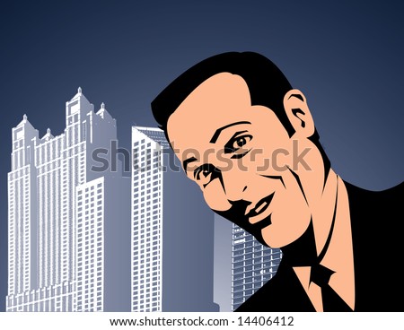 Illustration of a smiling man in business suit with tall building in the background, available in vector with space for text.