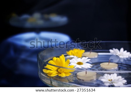 Daisy flowers and candles in a glass bowl