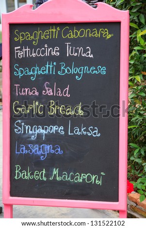 Food list on a blackboard