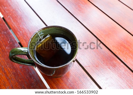 top shot for cup of tea on wooden table