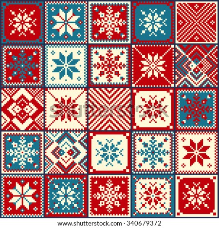 Set Patchwork Knitted With A New YearS Snowflake Motif. Christmas Backgr...