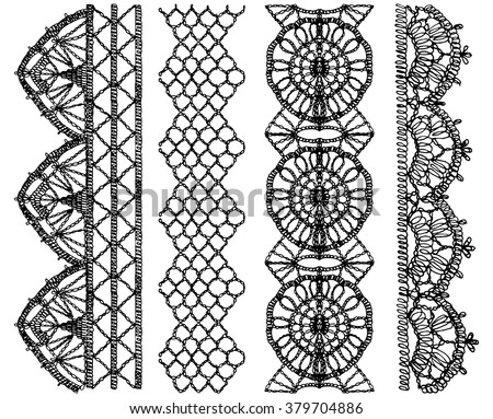 Isolated crocheted lace border with an openwork pattern. Lace pattern,  ribbon,  lace background,  lace vector,  lace border,  lace fabric. Set of isolated knitted lace borders. Vector illustration
