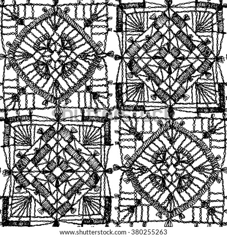 Lacy, delicate seamless pattern of crocheted squares, quilting, patchwork, knitting, embroidery.
