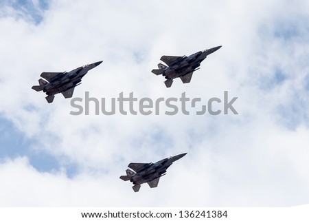 TEL NOF, ISRAEL -APRIL 16: Army fighter jet F-15 performing an exhibition exercise during the Israeli Independence day show on April 16, 2013 in Tel Nof, Israel.