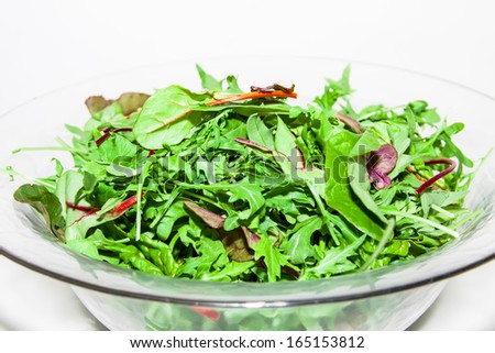 Mix of different varieties of lettuce (spinach, chard, Biondi, arugula, lettuce) on white background