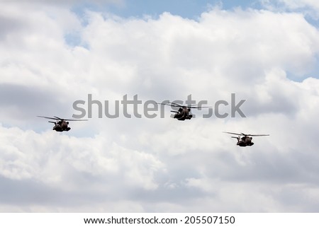 TEL NOF, ISRAEL -APRIL 16: Army Sikorsky CH-53  performing an exhibition exercise during the Israeli Independence day show on April 16, 2013 in Tel Nof, Israel.