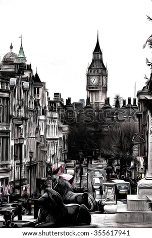 City of London, View from Trafalgar Square, Big Ben   drawing filter