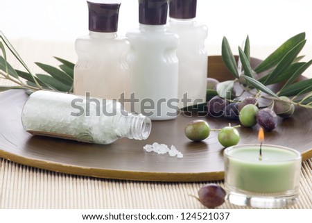 Spa set - fresh olive twigs with fruits, organic olive bath salt, lotions, olive soap bars, and aromatic candle. Best suited for relaxing and health commercials