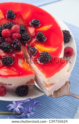 Piece of fruit yogurt cake. Cream and yogurt based fruit filling topped with jelly. Raspberries, blackberries, stawberries, and oranges.