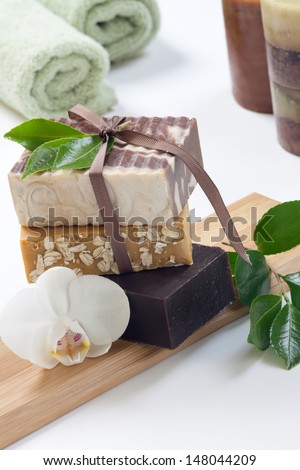 Spa set - assorted vanilla and cocoa butter handmade organic soap with white orchid flower. Best suited for relaxing and health commercials