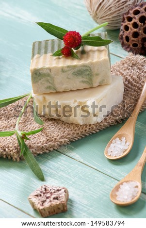 Spa set - two bars of handmade organic soap, bath salt, and fresh flowers. Best suited for relaxing and health commercials