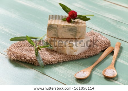 Spa set - two bars of handmade organic soap, bath salt, and fresh flowers. Best suited for relaxing and health commercials