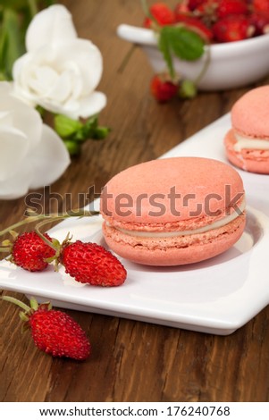 Closeup of a row of french strawberry macaroons with fresh alpine strawberries.