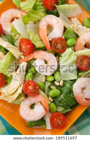 Plate of Italian shrimp salad with shrimp, tomatoes, artishocke hearts, Romane lettuce leaves, fava beans, and pine nuts. Olive oil.