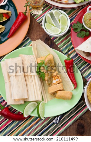 Assorted Mexican dishes, with chicken tamales with green salsa as the main subject.