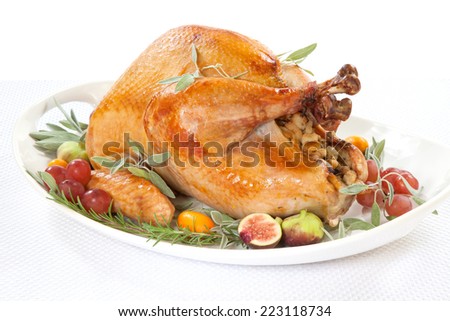 Roasted turkey on tray garnished with red grapes, figs, kumquat, and herbs over white background