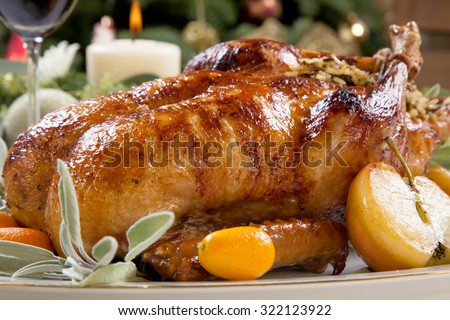 Citrus glazed roasted duck stuffed with rice, garnished with apples, kumquats, and sage. Christmas decorated setting.