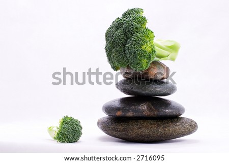 Peace of broccoli on the top of zen stones pyramid in balance