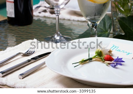 Formal outside dinner table setting with name cards in plates ready for party to start