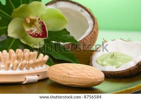 Avocado coconut scrub in coconut shell, orchid flower (Cymbidium sp.), soap and brush. Suited for relaxing and health commercials